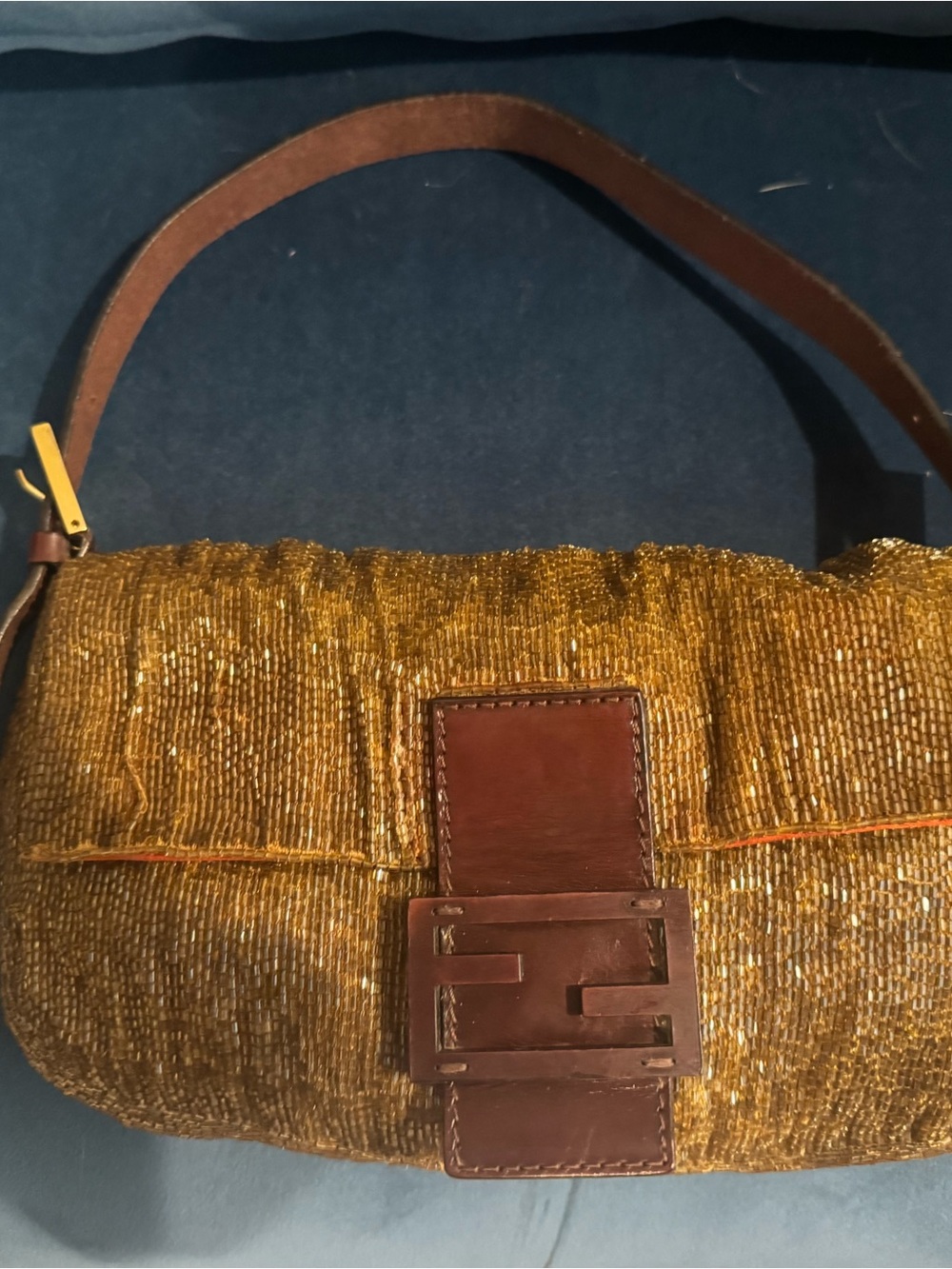 Fendi Gold Beaded Baguette with Brown Leather Strap